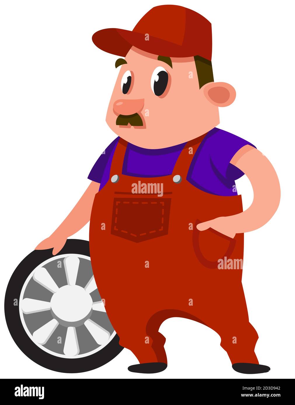 Auto mechanic holding wheel. Male character in cartoon style. Stock Vector