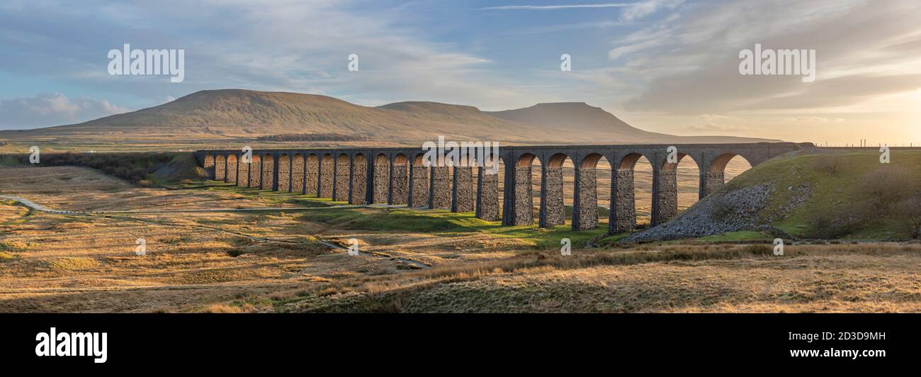 Stitched Panoramic image of Ribblehead Viaduct from Batty Moss, with view of Ingleborough Hill in the distance. Ribblesdale, North Yorkshire, Yorkshir Stock Photo