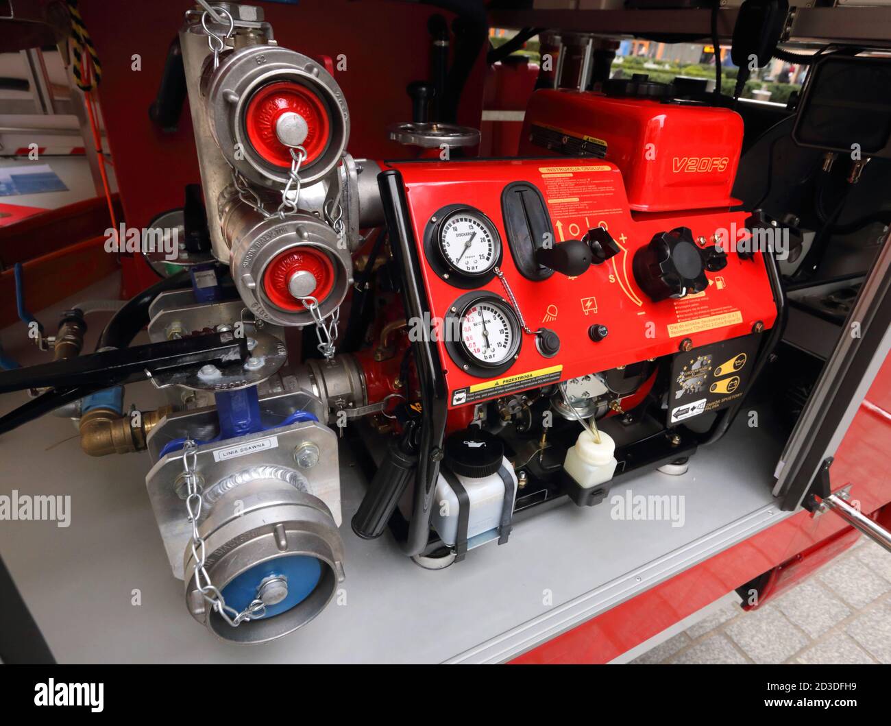 Cracow. Krakow. Poland. Fire engine water pump in the fire truck storage compartment. Stock Photo