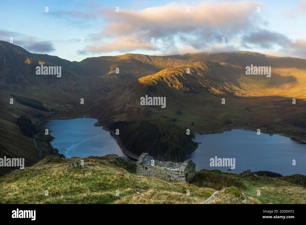 View over Haweswater Reservoir form the Corpse Road at sunset. Lake District National Park, Cumbria, UK Stock Photo