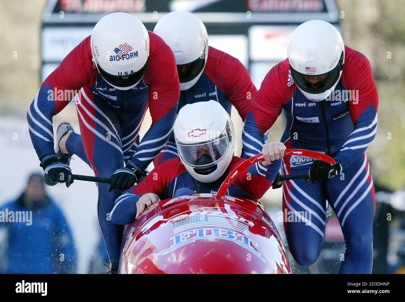 ATTENTION EDITORS CORRECTED CAPTION U.S. bob pilot Todd Hays (front) and  his teammates Randy Jones, Paul Jovanovic and Garrett Hines enter the track  at a four man bobsleigh World Cup race in