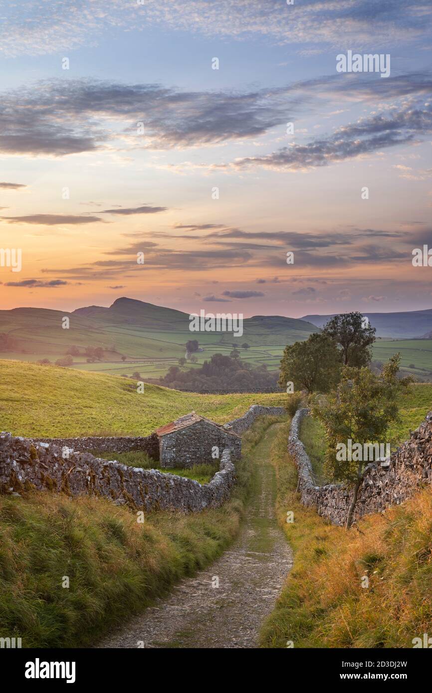 View towards Smearsett Scar from Goat Scar Lane, above Stainforth, Ribblesdale, North Yorkshire, Yorkshire Dales National Park, UK. Stock Photo