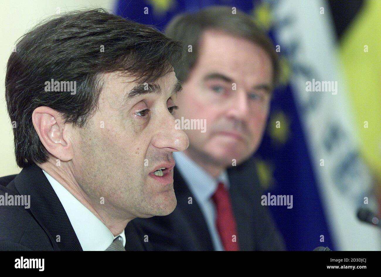 PRESIDENT OF THE BELGIAN EMPLOYERS FEDERATION VANSTEENKISTE AND CEO VANDEPUTTE HOLD A NEWS CONFERENCE IN BRUSSELS.  Newly appointed President of the Belgian Employers Federation FEB/VBO Luc Vansteenkiste (L) and his Chief Executive Officer Tony Vandeputte (R) hold a joint news conference in Brussels, April 25, 2002. Vansteenkiste, managing director of Recticel, will head the federation until 2005. REUTERS/Francois Lenoir REUTERS Stock Photo