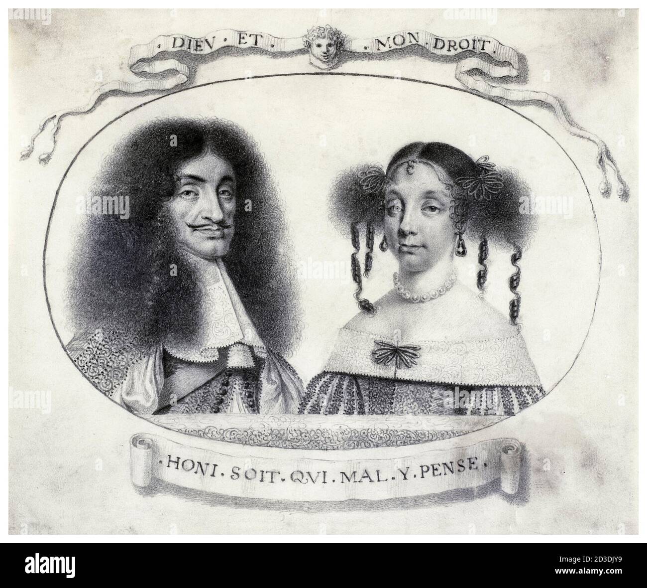 King Charles II of England (1630-1685) and his wife Catherine of Braganza (1638-1705), portrait drawing by David Loggan, 1661-1674 Stock Photo