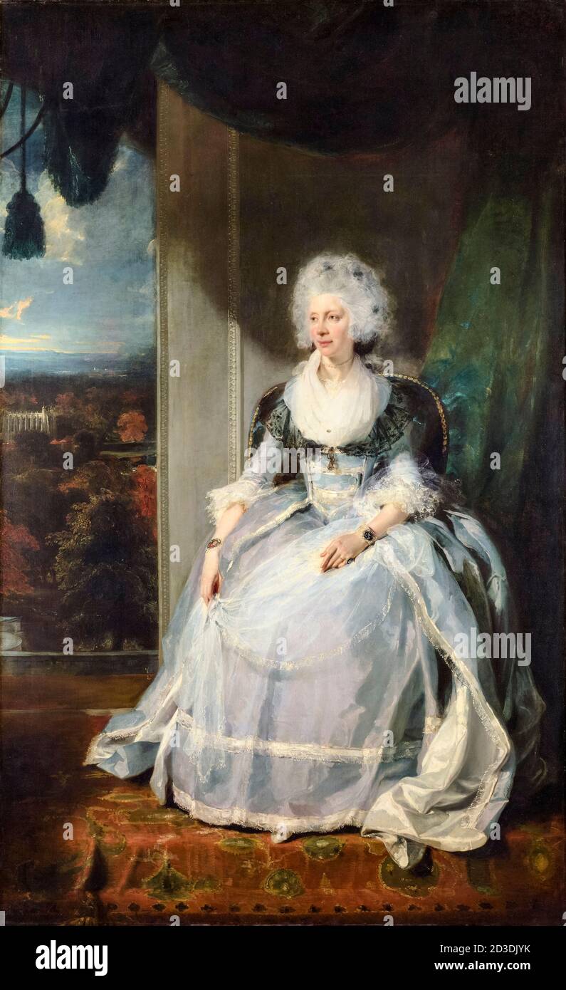 Queen Charlotte of Mecklenburg-Strelitz (1744-1818), Queen Consort of Great Britain and Ireland, portrait painting by Sir Thomas Lawrence, 1789 Stock Photo