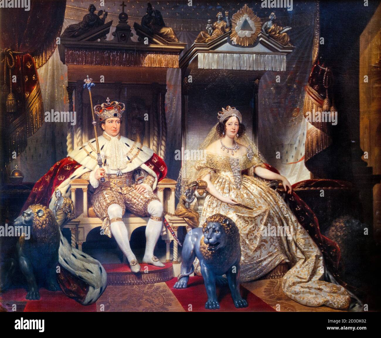 King Christian VIII of Denmark (1786-1848) and his Consort, Queen Caroline Amalie (1796-1881), in anointing costumes at his Coronation on 28th June 1840, portrait painting by Joseph Desire Court, 1840-1841 Stock Photo