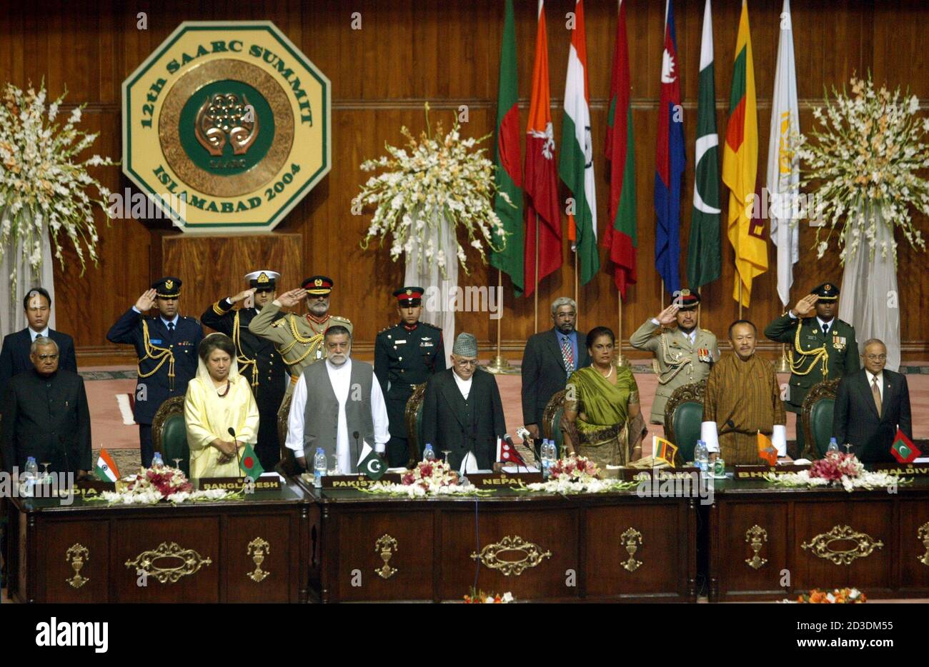 LEADERS OF SAARC MEMBER COUNTRIES STAND FOR PAKISTAN NATIONAL ANTHEM DURING  OPENING CEREMONIES IN ISLAMABAD. Leaders from the South Asian Association  for Regional Cooperation (SAARC) member countries stand for Pakistan's  national anthem