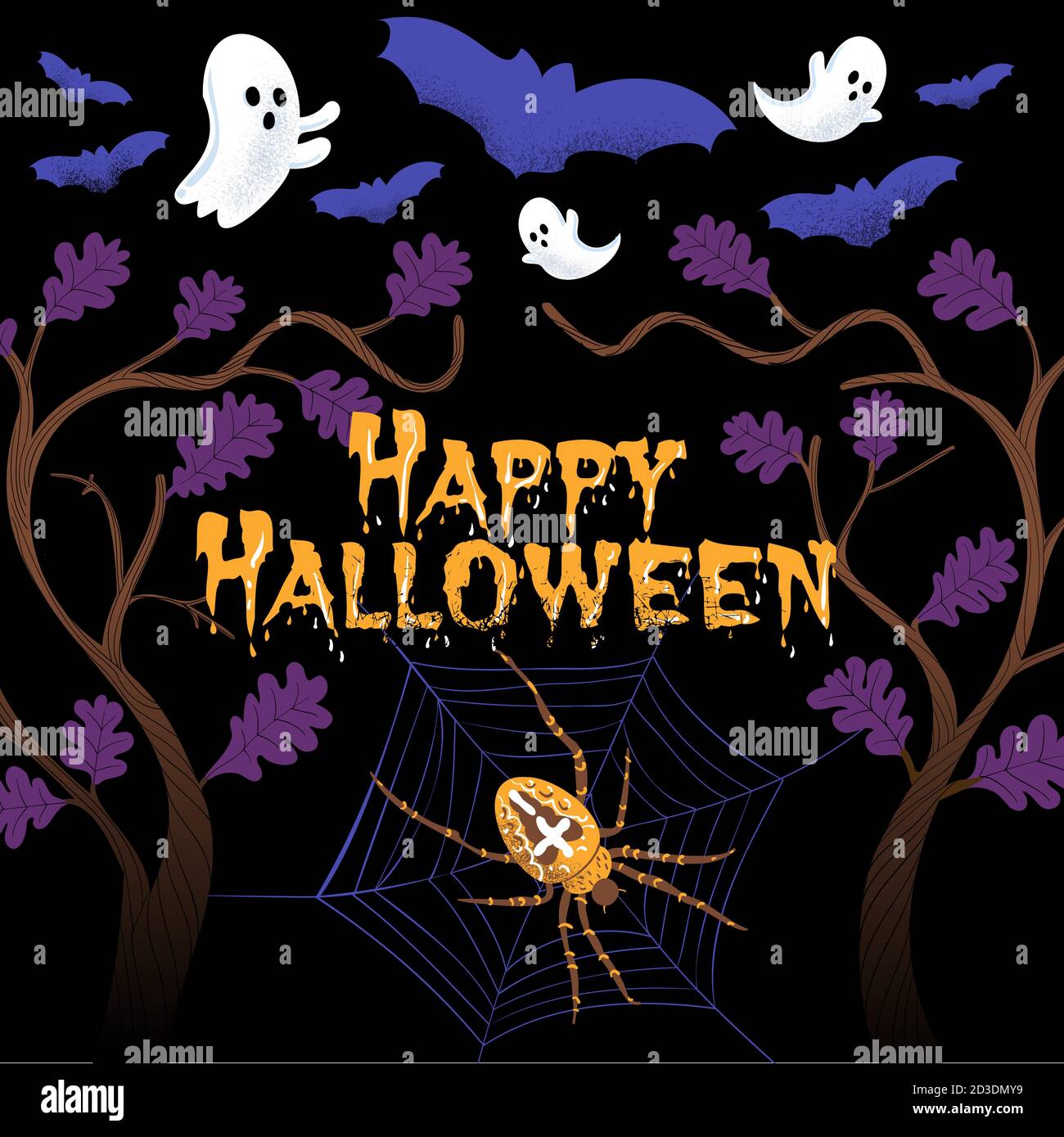 Square Happy Halloween Composition with spooky bats, ghost, spider ...