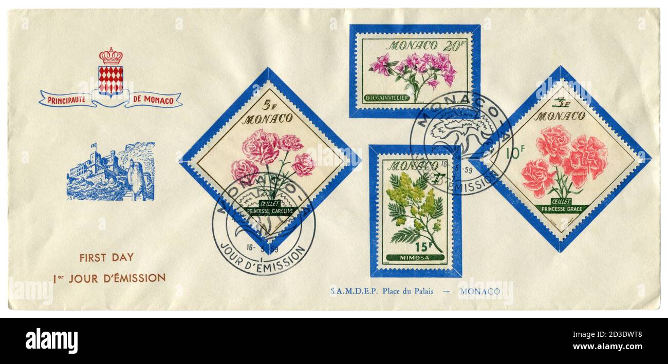 Principality of Monaco - 16 May 1959: historical envelope: cover with floral theme, four postage stamps with flowers: carnation, bougainvillea mimosa. Stock Photo