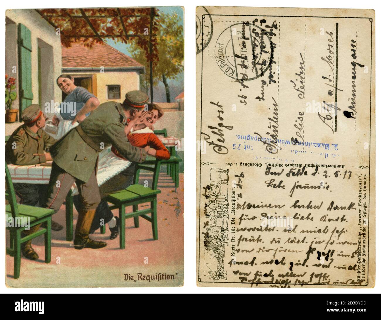 German historical postcard: Military humor, "Requisition" a soldier "requisitiong" a young woman from a summer cafe, world war one 1914-1918, reverse Stock Photo