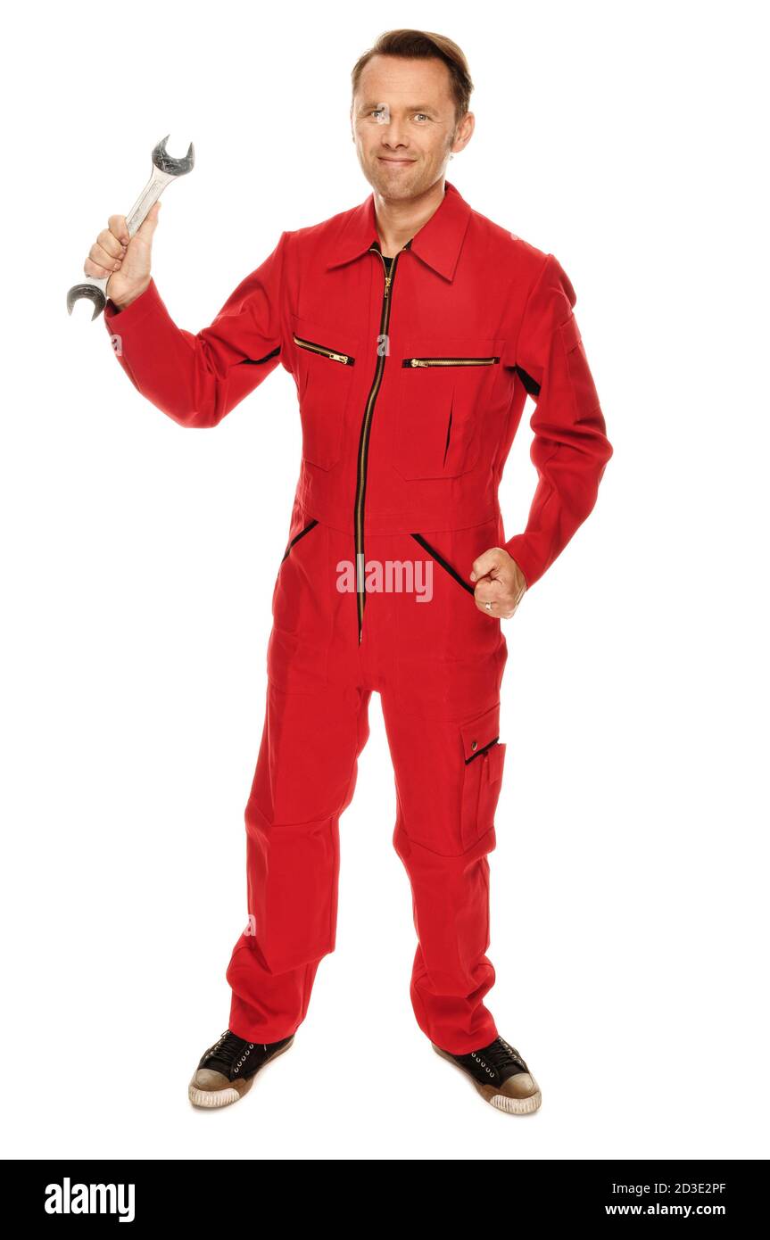 Mechanic in red Overall Stock Photo - Alamy