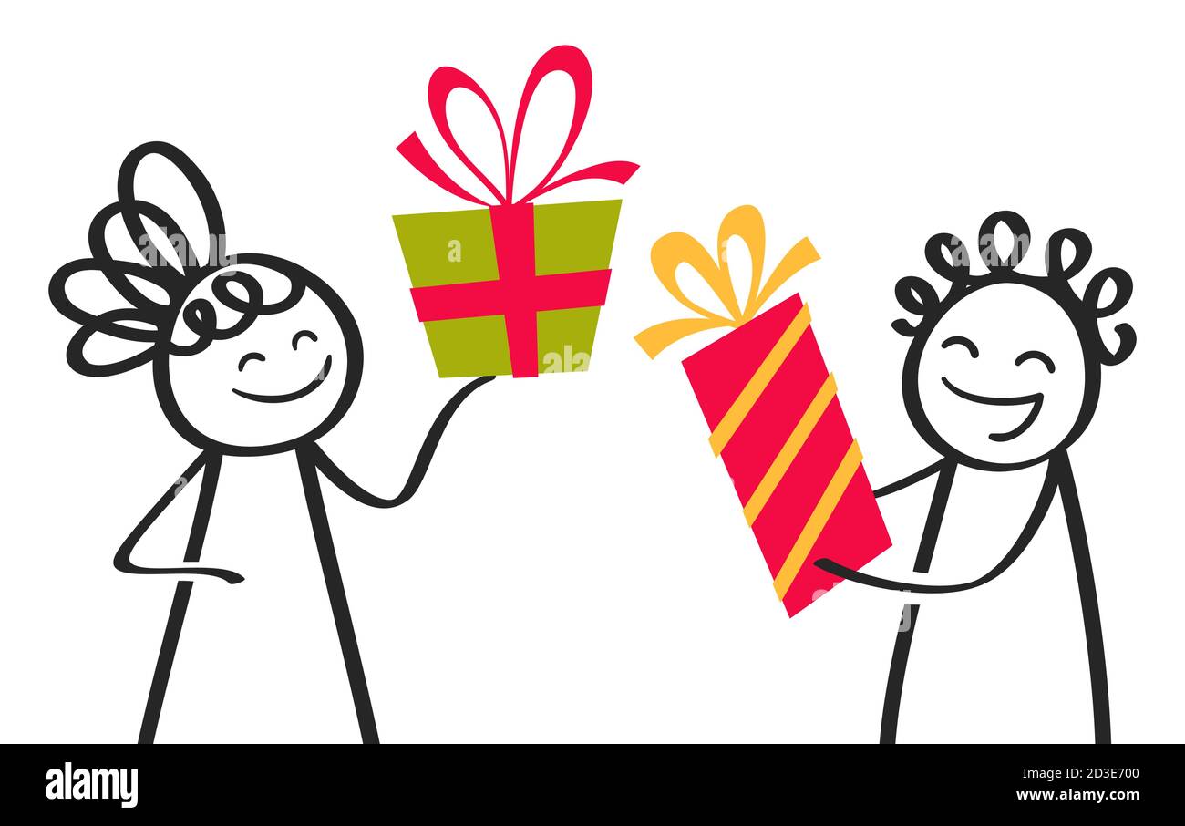 Stick figures cartoon, happy man and woman exchanging colorful Christmas gifts, black and white stick people holding red, green and yellow gift boxes Stock Vector