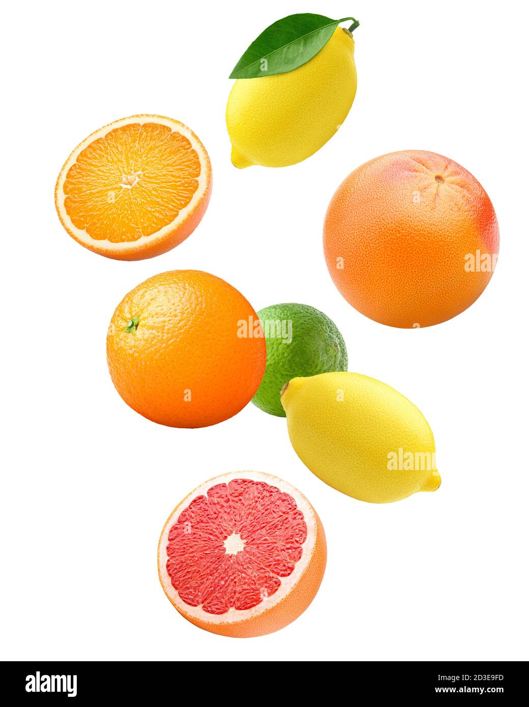 Falling citrus, mix, lemon, orange, lime, grapefruit isolated on white background, clipping path