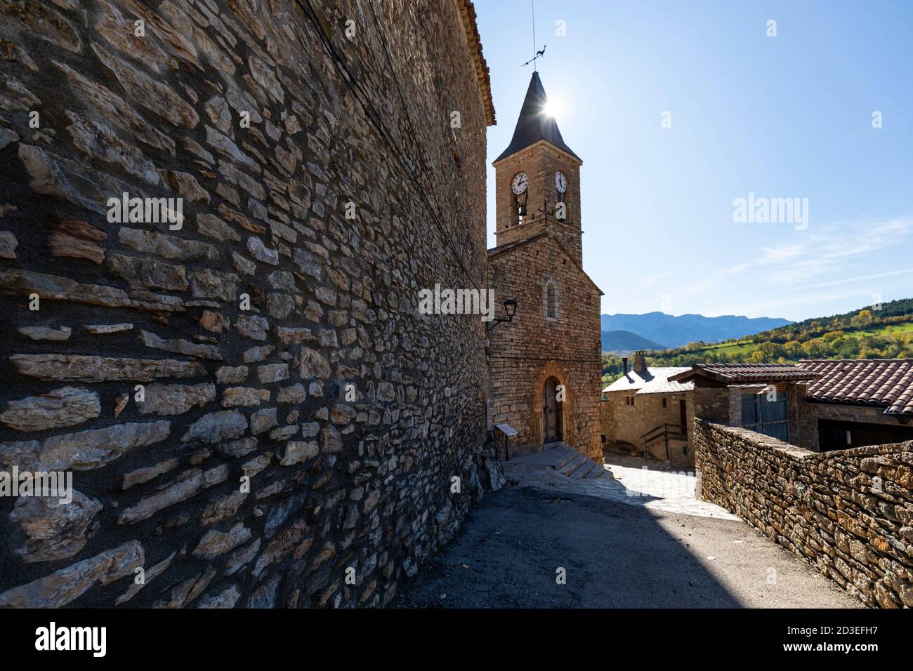 Prullans church tower, Cerdanya. Stock Photo