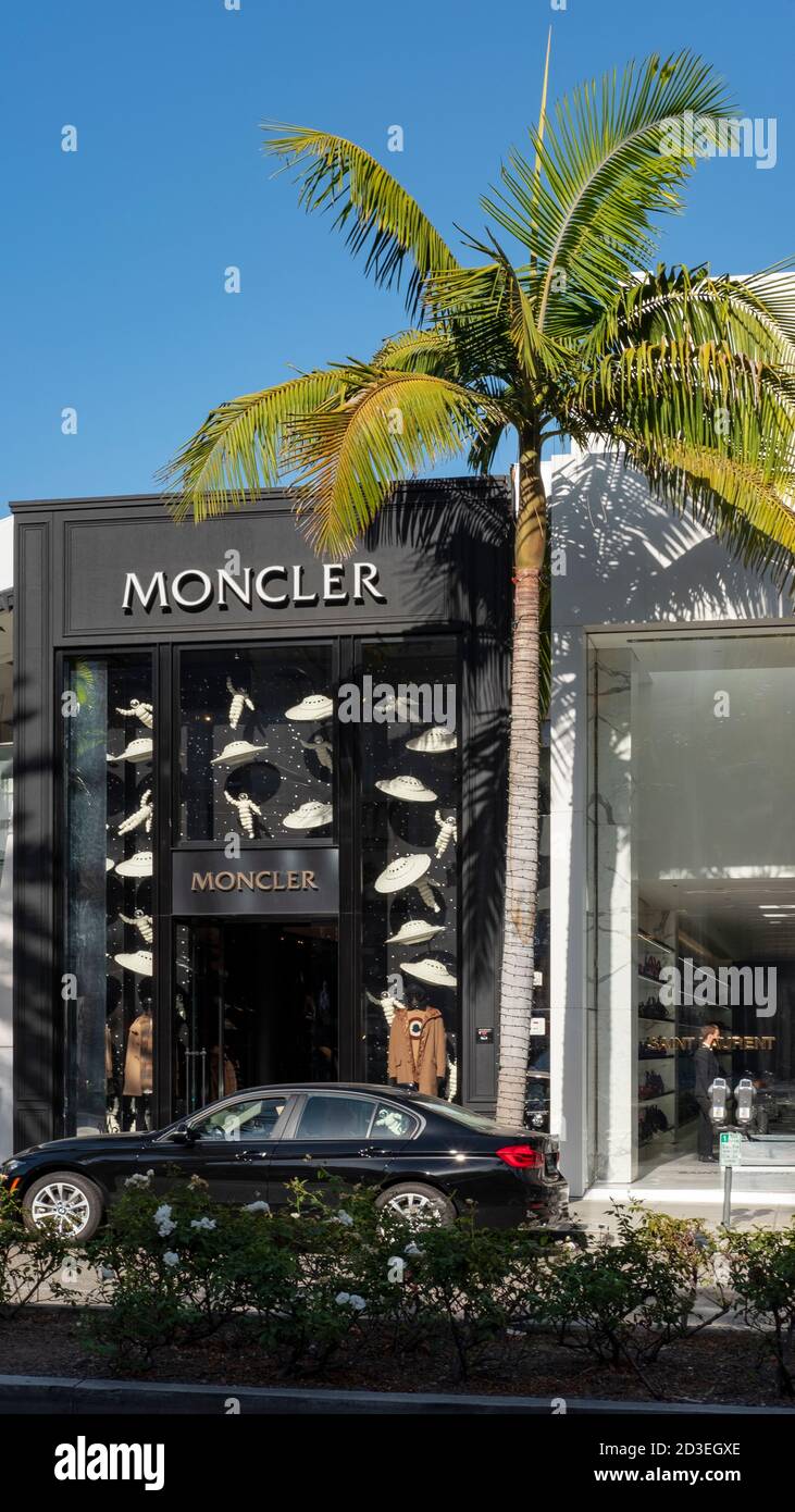 Moncler, French-Italian luxury fashion brand known for its skiwear,  expensive shop on the most affluent street in LA, Rodeo Drive, Beverly  Hills Stock Photo - Alamy