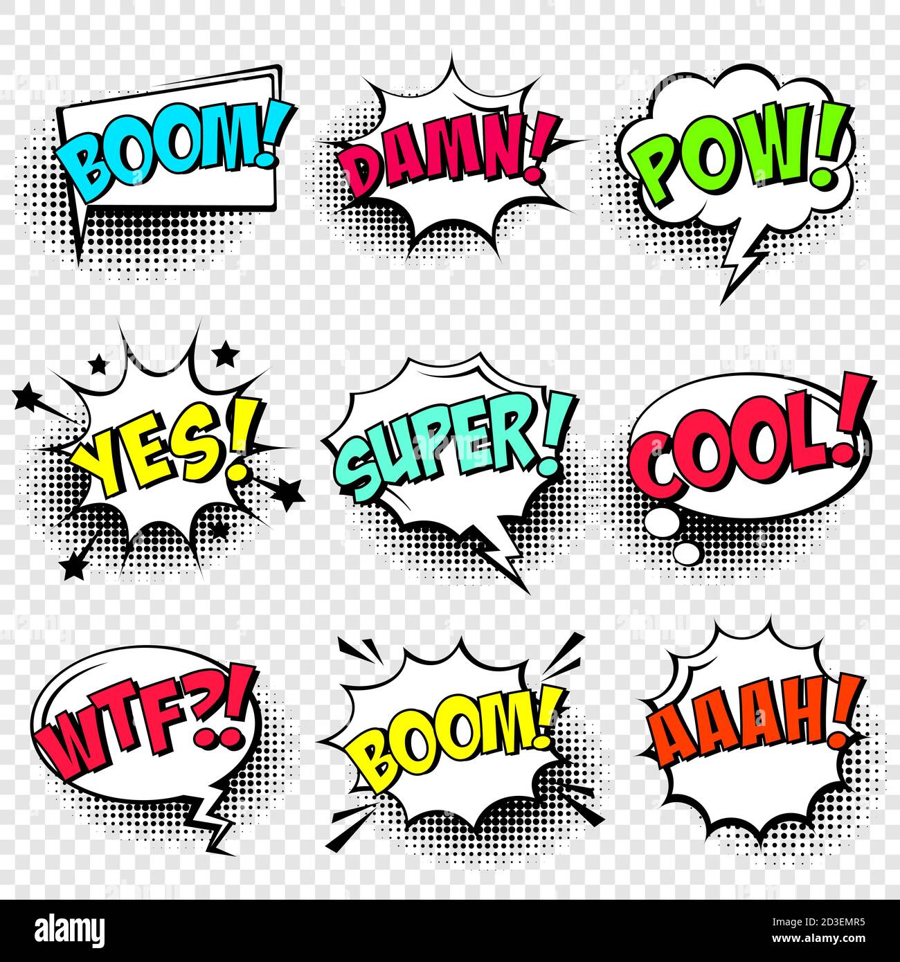 Comic speech bubbles with halftone shadow and text phrase. Vector hand ...
