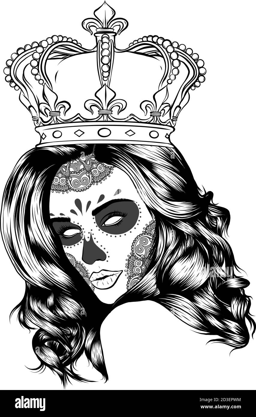 Female skull with a crown and long hair. Queen of death drawn in tattoo style. Vector illustration. Stock Vector