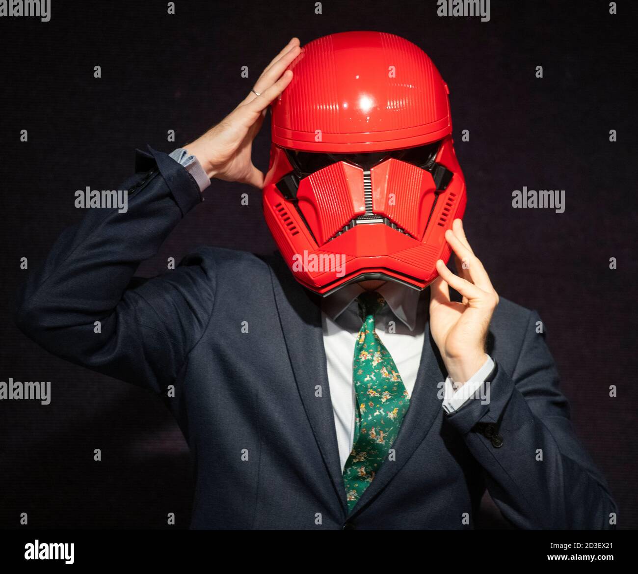 Bonhams, Knightsbridge, London, UK. 8 October 2020. Bonhams’ Entertainment Memorabilia sale includes a rare, screen-used Sith Trooper Helmet from Star Wars: The Rise Of Skywalker (2019), kindly donated to BAFTA’s year-round charitable activity by Lucasfilm. The helmet was created by BAFTA award-winning costume designer Michael Kaplan in a striking red colour, distinguishing the new stormtroopers from the classic, white-armoured forces beloved by previous generations. It has an estimate of £20,000-30,000. Credit: Malcolm Park/Alamy Live News. Stock Photo