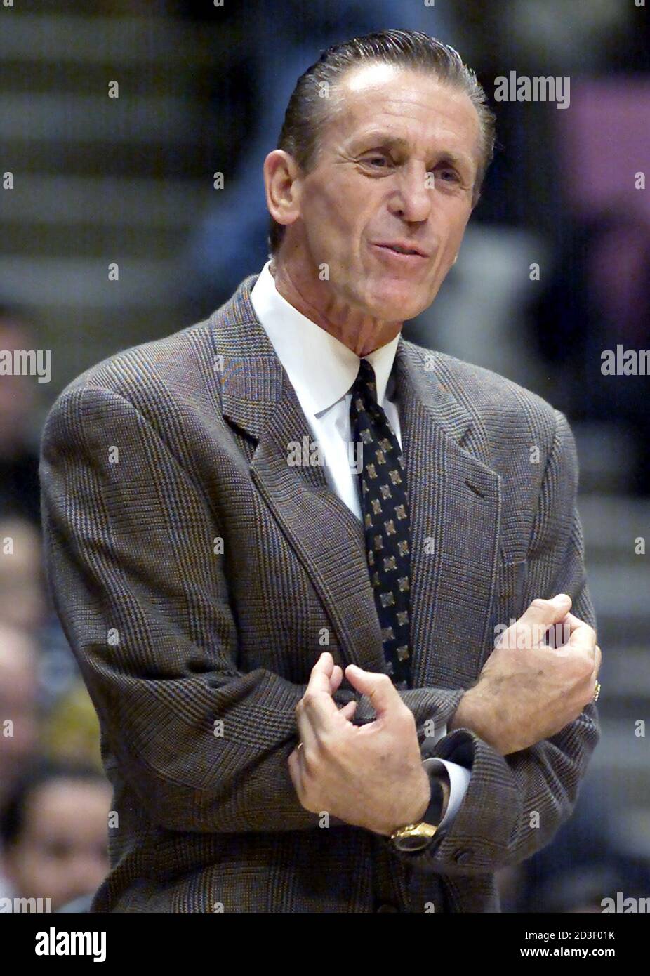 Miami Heat coach Pat Riley reacts to an official's call in the Heat game  with the New Jersey Nets in the second period of their NBA game November  15, 2000 in East