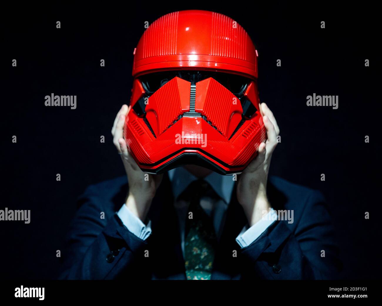 London, UK. 8th Oct, 2020. Sith Trooper Helmet used in 'Star Wars: The Rise of Skywalker' in 2019, Estmate £20,000-30,000. Bonhams Entertainment and Memorabilia will take place on October 13th. Credit: Mark Thomas/Alamy Live News Stock Photo