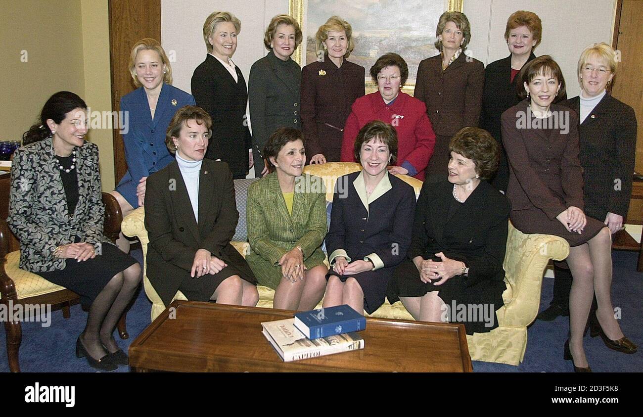U.S. Women Senators for the newly-elected 108th Congress gather for a "family" photo January 9, 2003 on Capitol Hill. (L to R seated): Olympia Snowe (R-ME), Mary Landrieu (D-LA), Blanche Lincoln (D-AK), Barbara Boxer (D-CA), Susan Collins (R-ME), Dianne Feinstein (D-CA) and Maria Cantwell (D-WA). (L to R standing): Hillary Rodham Clinton (D-NY), Elizabeth Dole (R-NC), Kay Bailey Hutchison (R-TX), Barbara Mikulski (D-MD), Lisa Murkowski (R-AK), Debbie Stabenow (D-MI) and Patty Murray (D-WA). Stock Photo