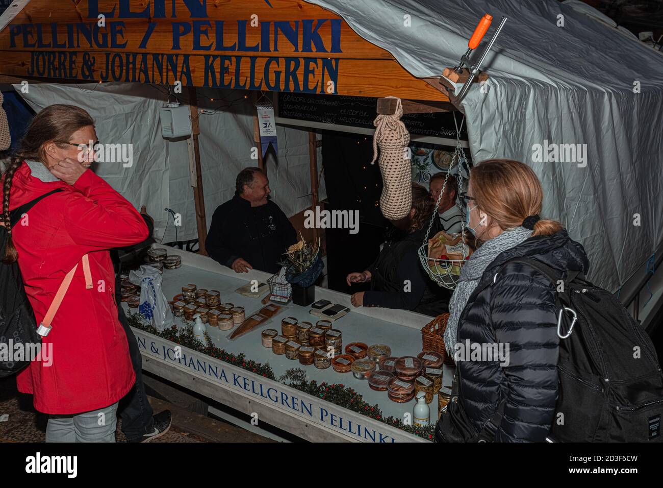 Helsinki, Uusimaa, Finland October 7, 2020 Market square, autumn, traditional fair. People buy fish delicacies. High quality photo Stock Photo