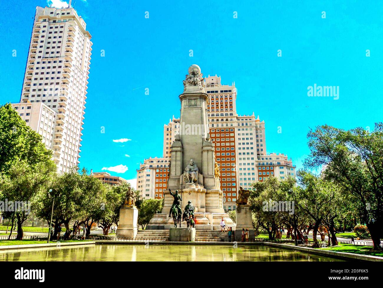 Monument to  Cervantes and Don Quixote and Sancho Panza at the at Spain Square (Plaza de Espana) in Madrid, Spain Stock Photo