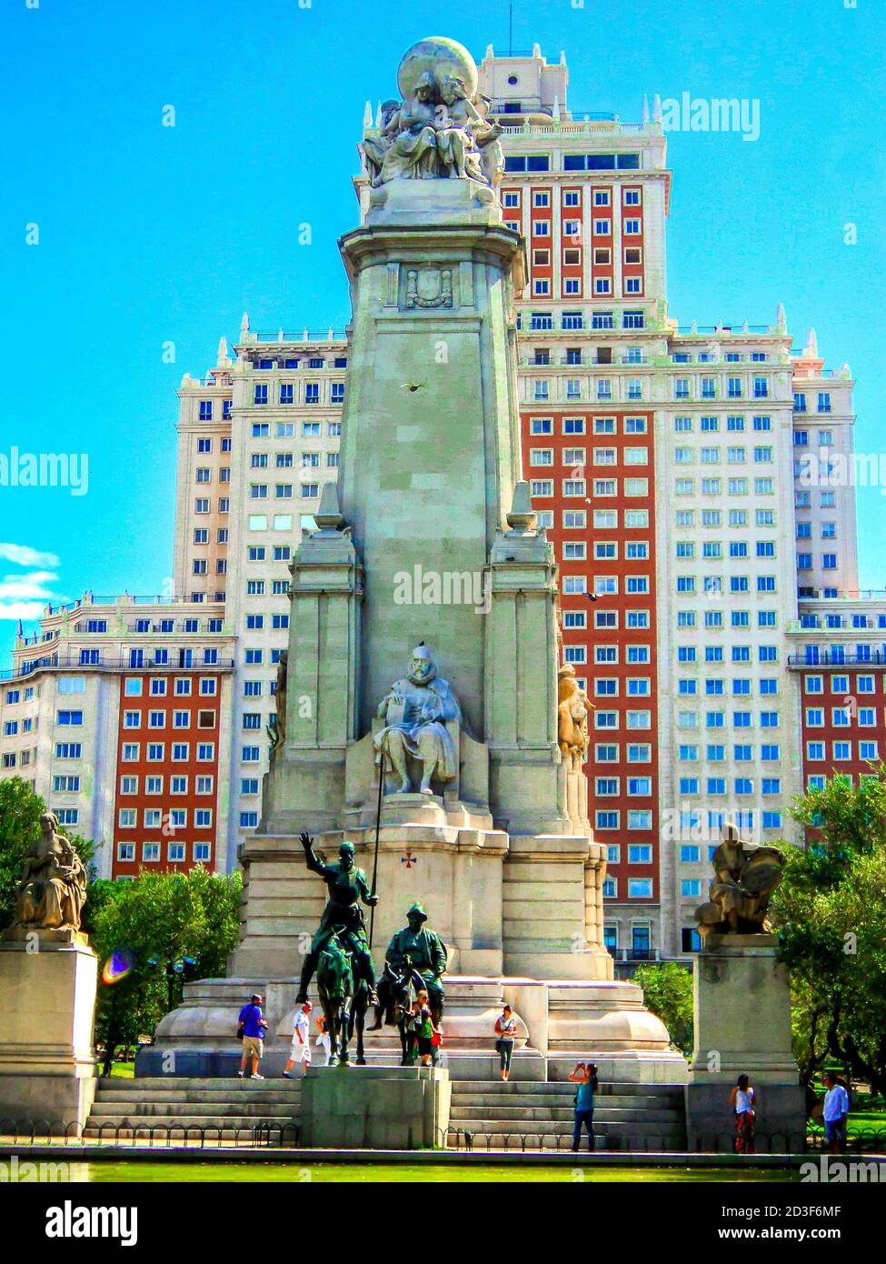 Monument to  Cervantes and Don Quixote and Sancho Panza at the at Spain Square (Plaza de Espana) in Madrid, Spain Stock Photo