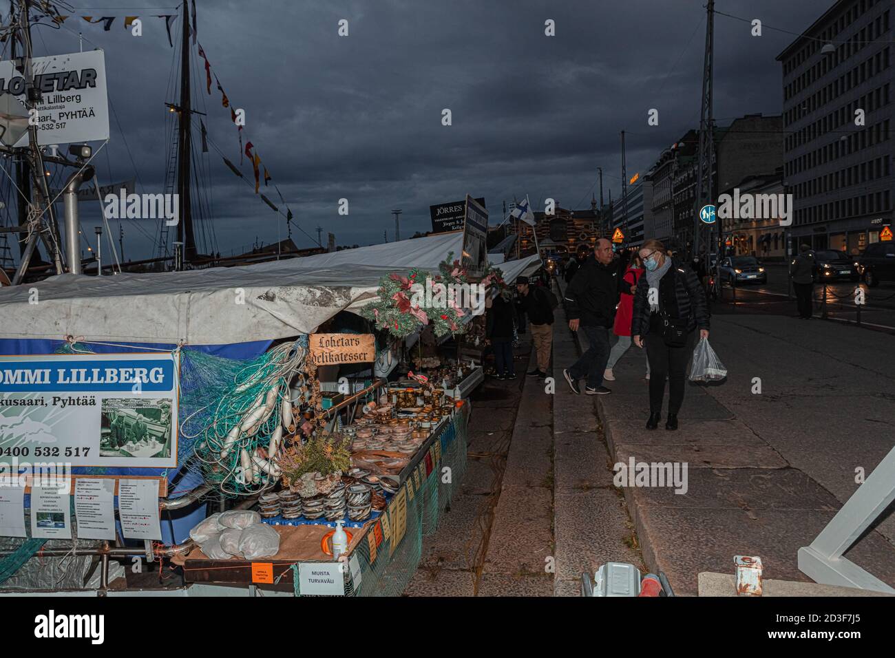 Helsinki, Uusimaa, Finland October 7, 2020 Market square, autumn, traditional fair. People buy fish delicacies. High quality photo Stock Photo