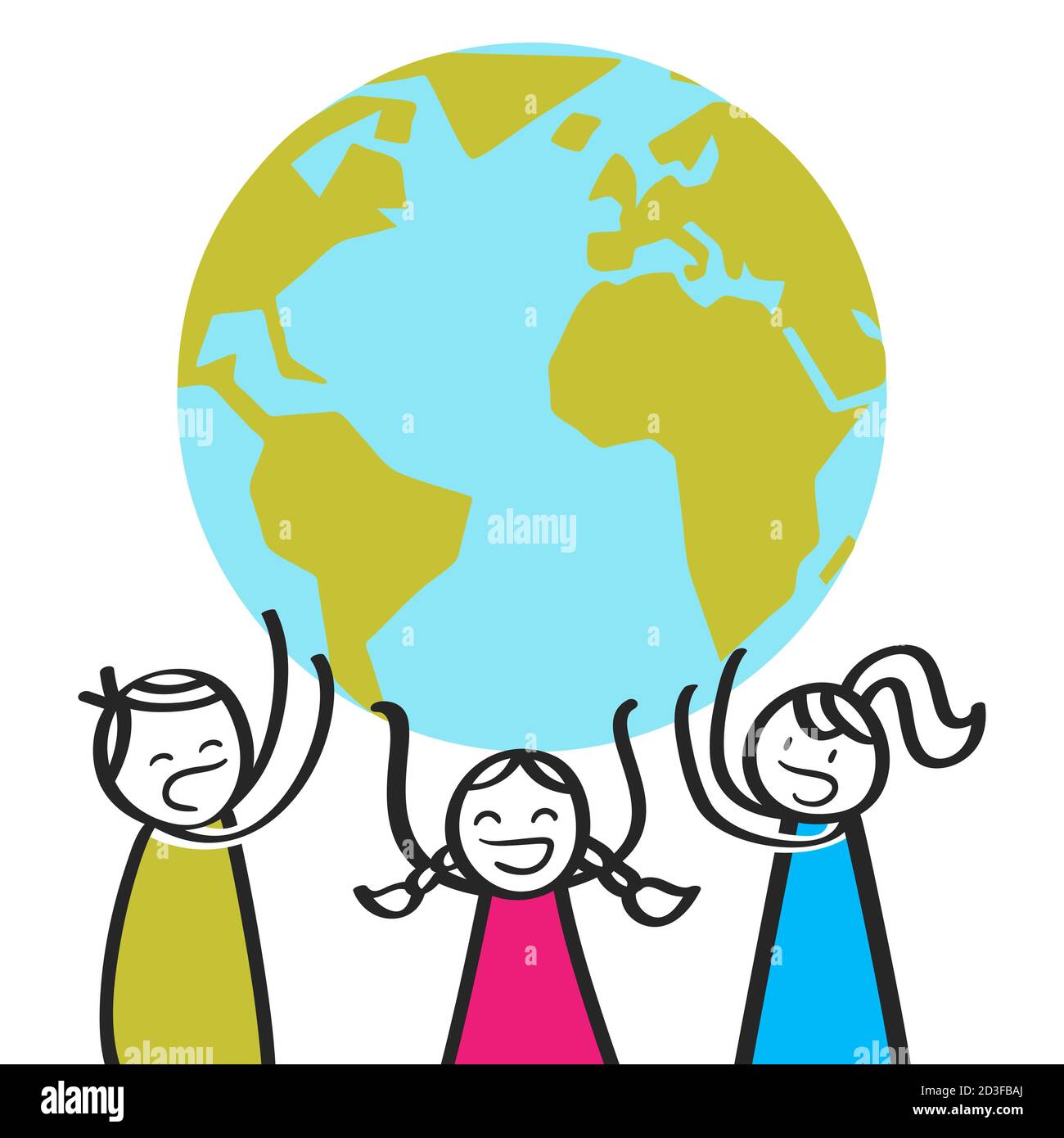 Cartoon stick figure children screaming while holding up giant globe Stock Vector