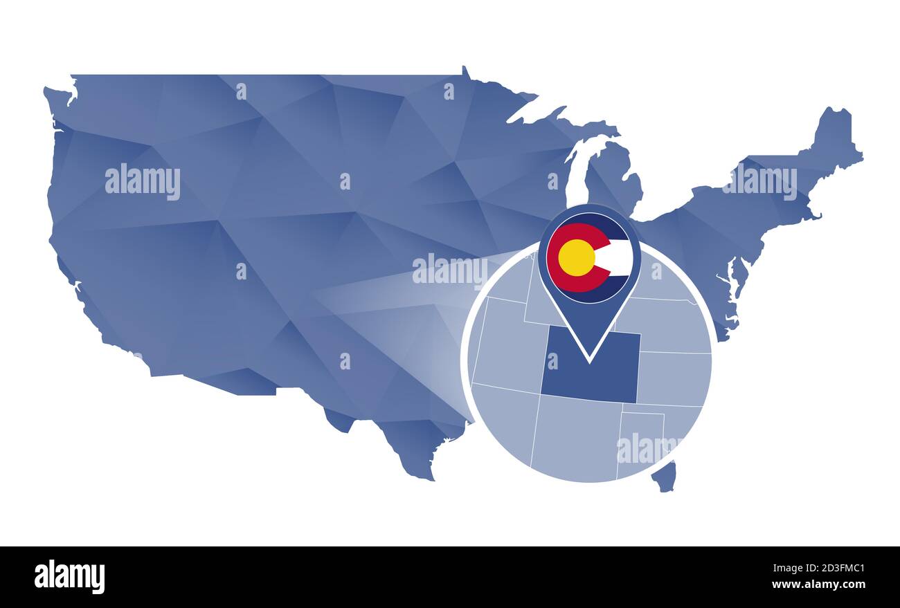 Colorado State magnified on United States map. Abstract USA map in blue