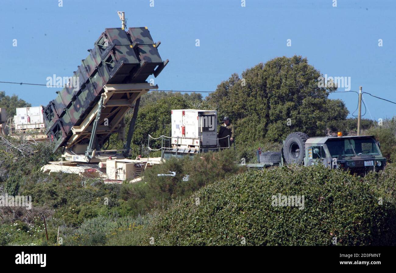 A Patriot anti-missile system is deployed at a joint U.S. and Israeli military outpost on Mount Carmel in Haifa, March 10, 2003. Israel is prepareing to take action against possible chemical or biological agents in the event of an Iraqi missile attack if the U.S. goes to war with Iraq. REUTERS/Baz Ratner Stock Photo