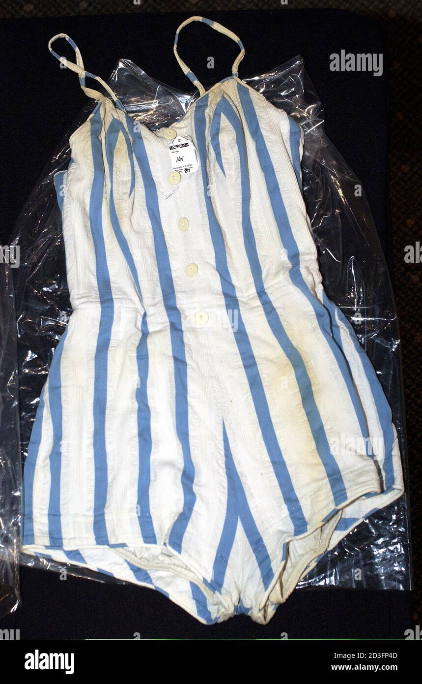 Swimsuit belonging to former first lady Jacqueline Bouvier Kennedy on display as part of an auction of items belonging to the late president and Mrs. Kennedy, July 18, 2003. The auction, at Dawson's Auctioneers & Appraisers in Morris Plains, New Jersey, will include more than 300 items ranging from the whimsical,  [World War II Navy-issue boxer shorts, with the sown label, 'Jack Kennedy', to the historic, a personal presidential campaign notebook.] Stock Photo