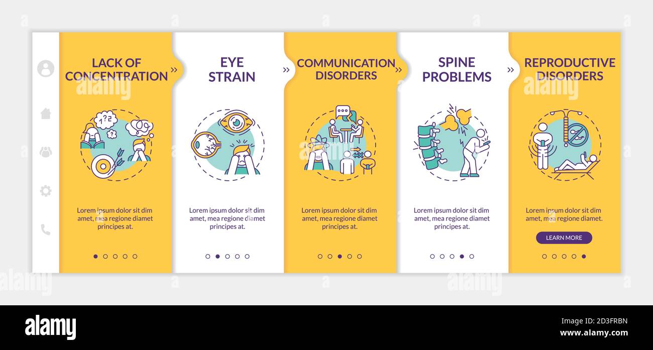 Screen addiction sideeffects onboarding vector template Stock Vector