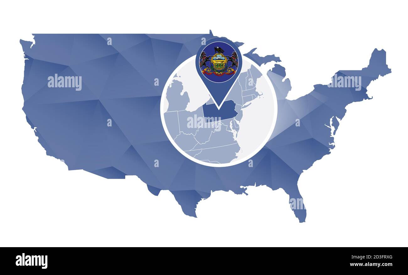 Pennsylvania State magnified on United States map. Abstract USA map in