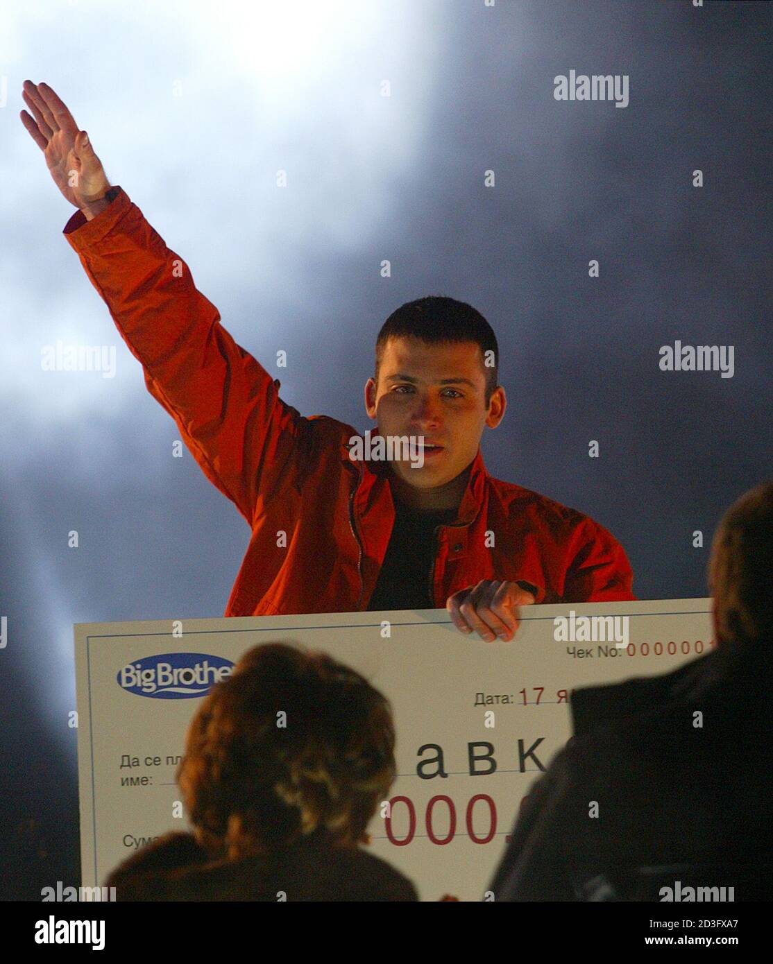 Zdravko Vasilev,27, reacts after winning the 'Big Brother' final in Sofia,  late January 17, 2005. Vasilev won the top prize of some 200,000 leva  (100,000 Euro). The reality show stormed to the