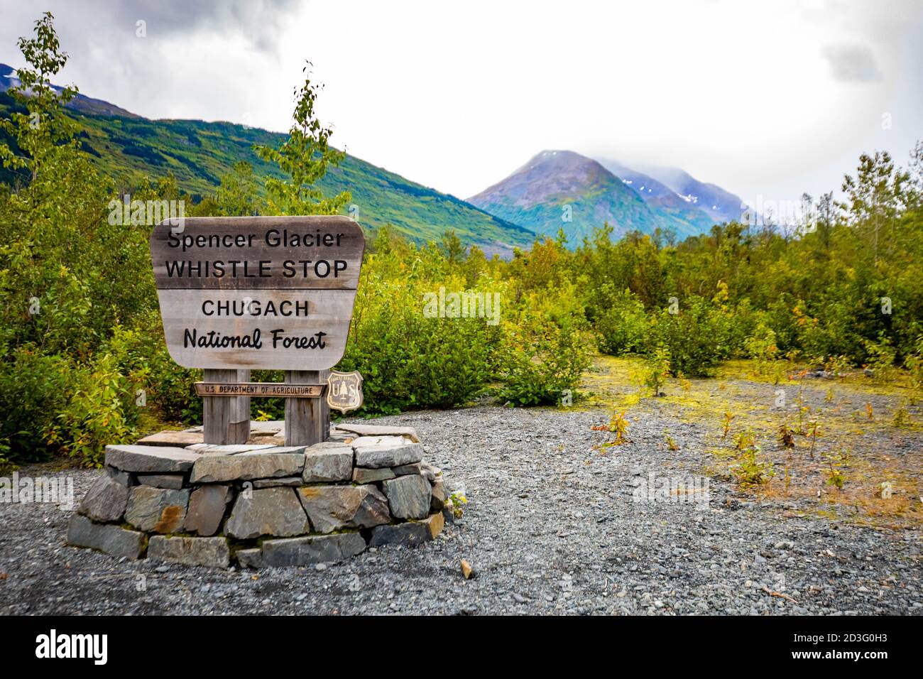 Spencer Glacier sign in Chugach National Forest Alaska Trail Stock Photo
