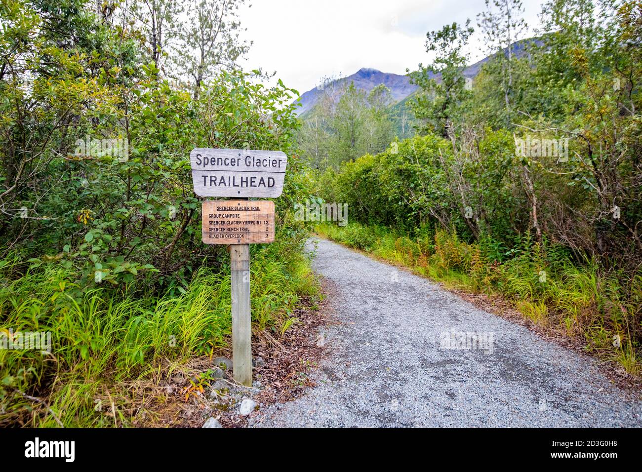 Spencer Glacier sign in Chugach National Forest Alaska Trail Stock Photo