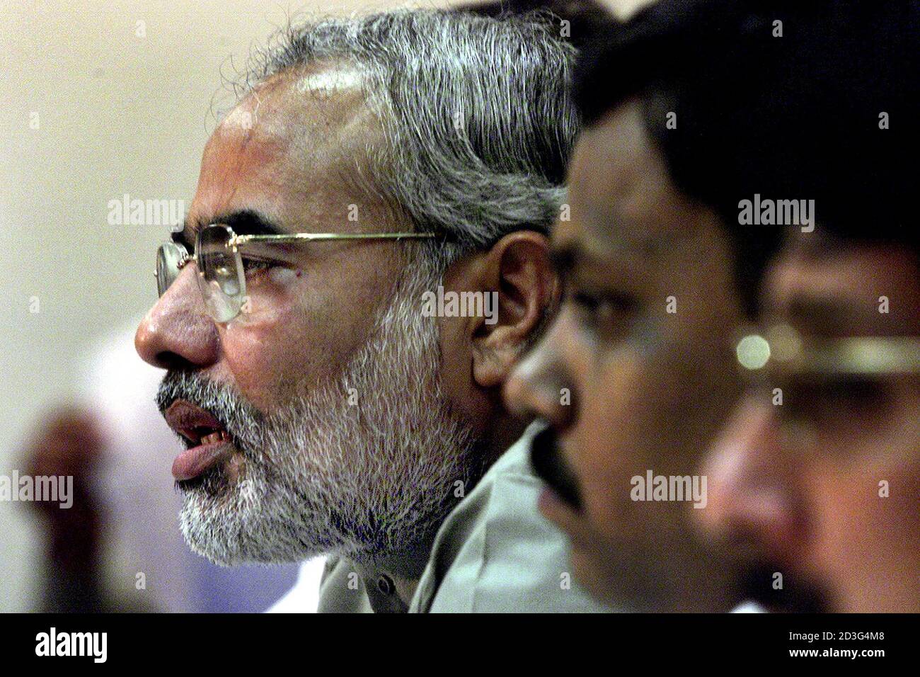 Senior Bharatiya Janata Party (BJP) leader and Chief Minister of Gujarat,  Narendra Modi, addresses a press conference in Bombay, March 30, 2002.  Members belonging to several human rights organisations protested against  Modi