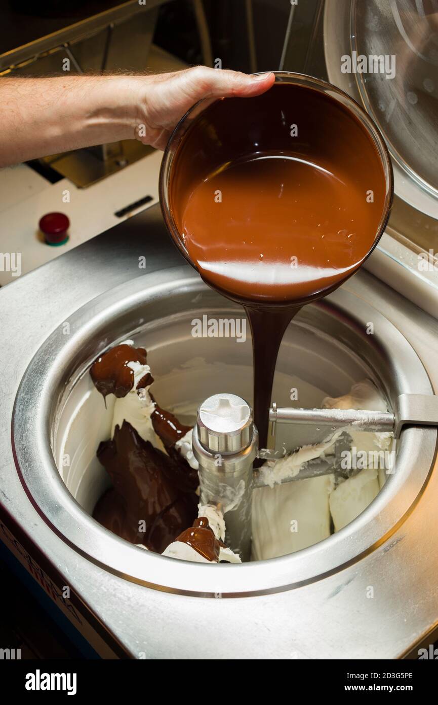 Ice cream preparation with different tools, ingredients, and machines