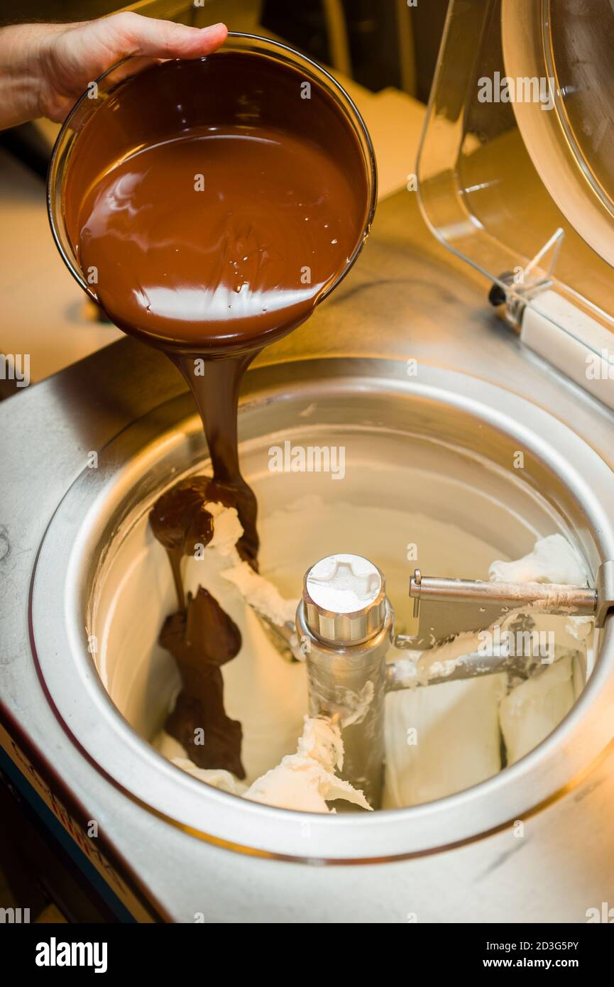 Ice cream preparation with different tools, ingredients, and machines