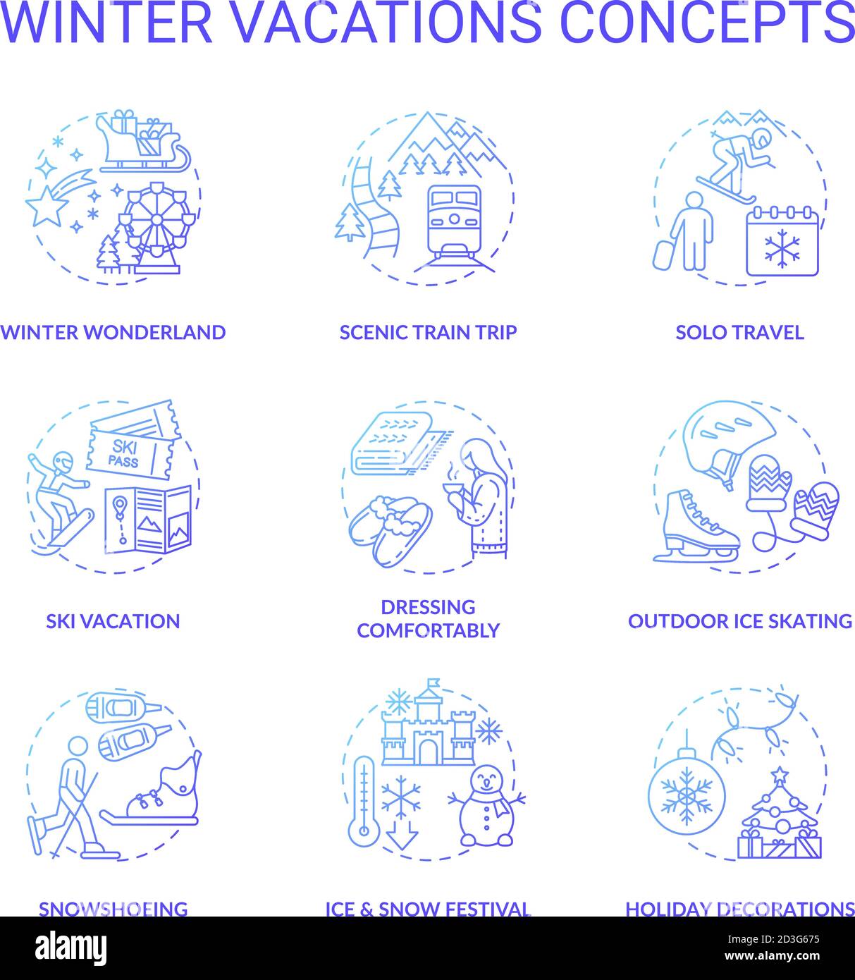 Winter vacations concept icons set Stock Vector