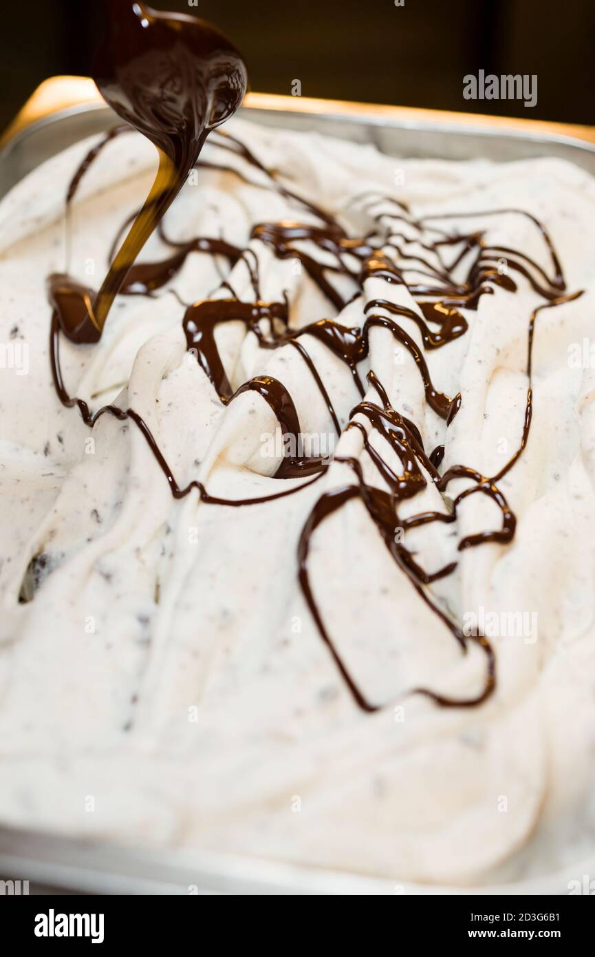 Ice cream preparation with different tools, ingredients, and machines