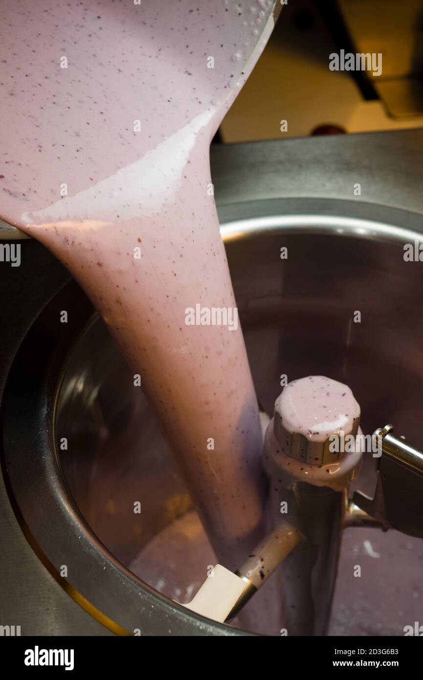 Ice cream preparation with different tools, ingredients, and machines