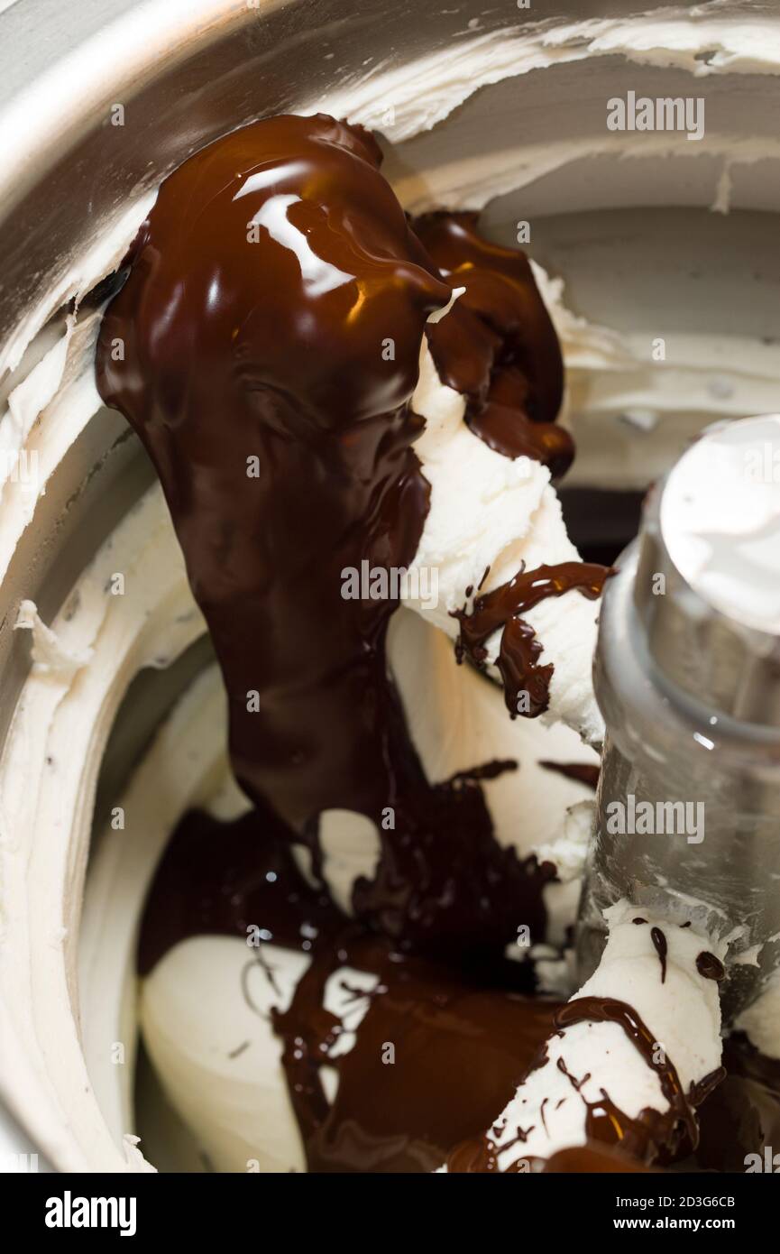 Ice cream preparation with different tools, ingredients, and machines