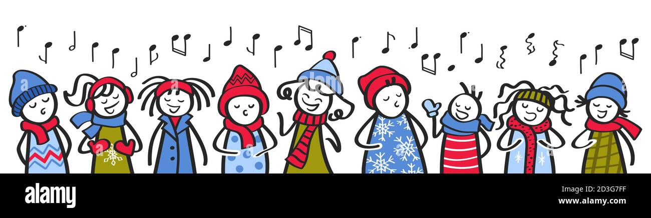 Group of funny cartoon of stick figures wearing winter clothes singing songs in and out of tune, horizontal banner Stock Vector