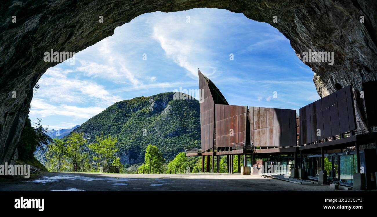 The famous Niaux Cave in the Ariege region of France with its giant metallic sculpture, Vicdessos Valley. Stock Photo