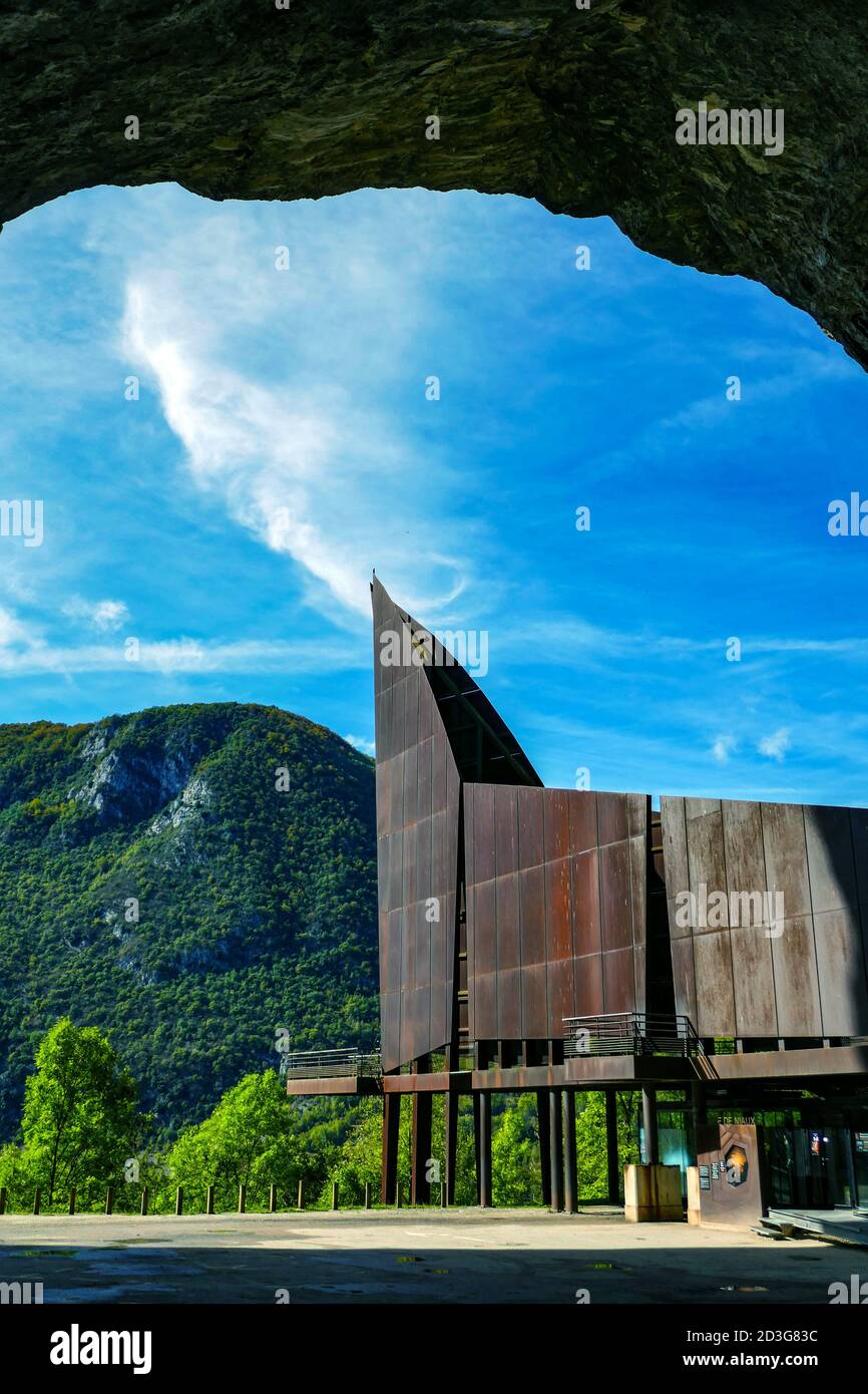 The famous Niaux Cave in the Ariege region of France with its giant metallic sculpture, Vicdessos Valley. Stock Photo