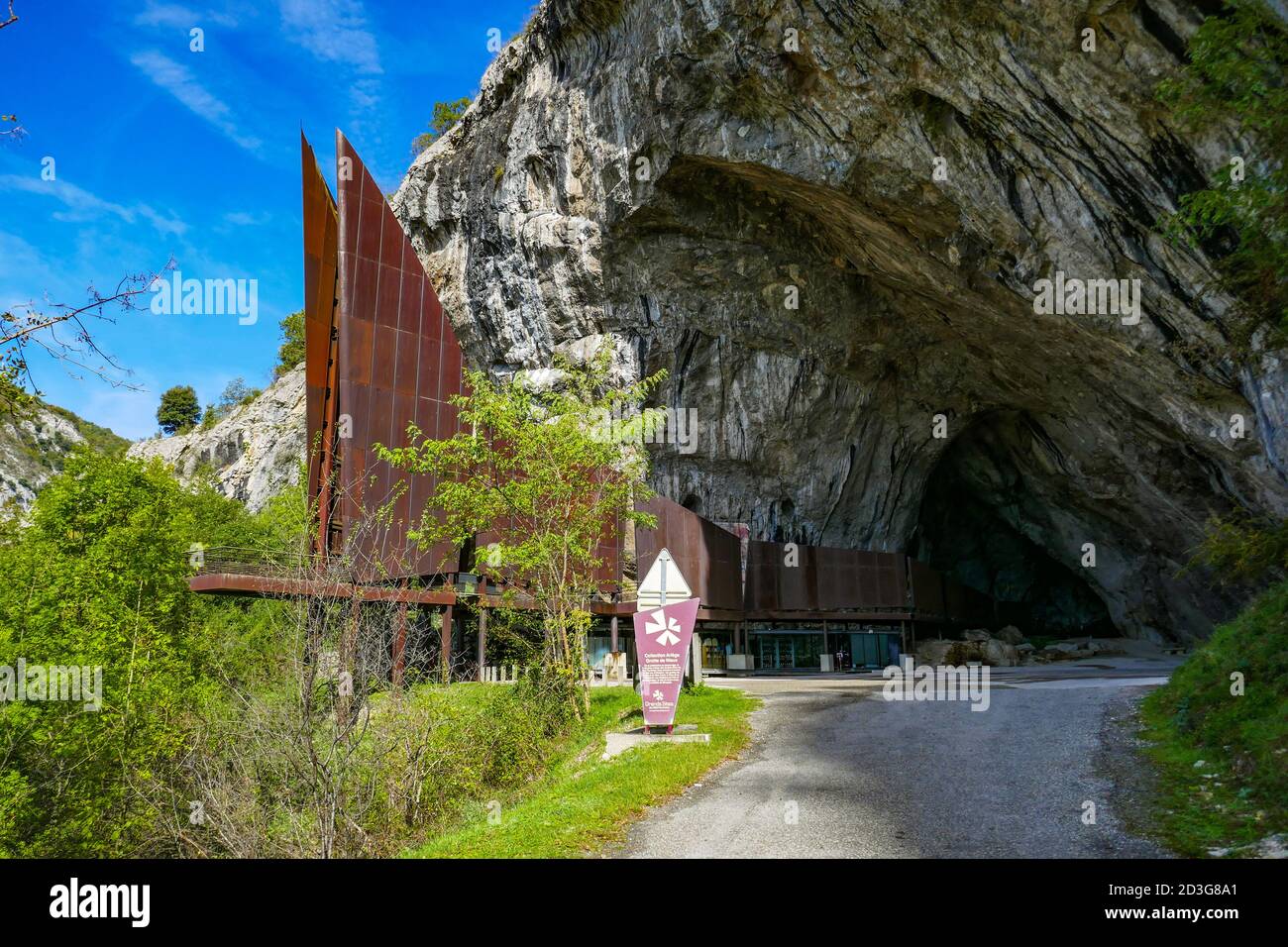 The famous Niaux Cave in the Ariege region of France with its giant metallic sculpture, Vicdessos Valley. Stock Photo