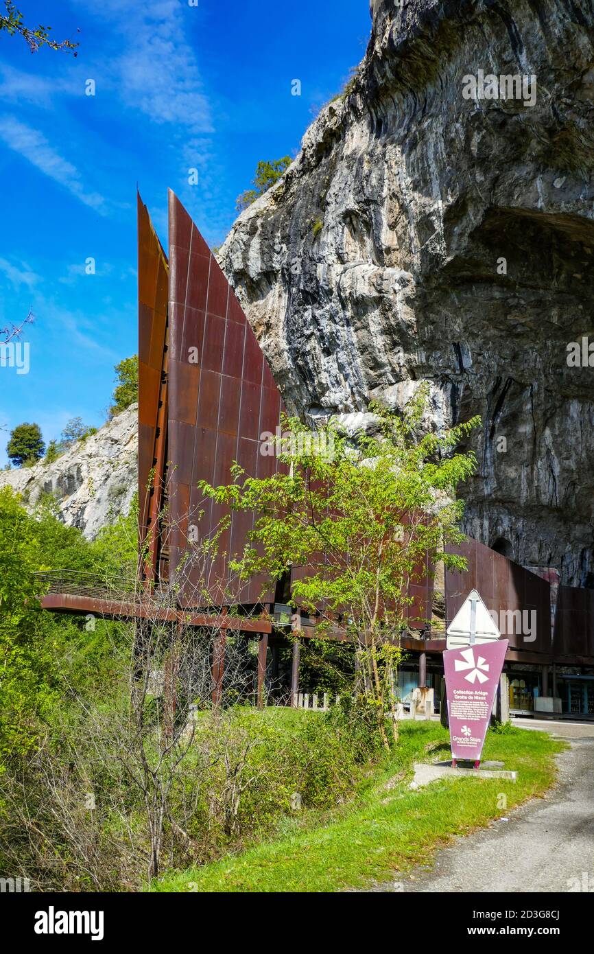 The famous Niaux Cave in the Ariege region of France with its giant metallic sculpture, Vicdessos Valley. Stock Photo